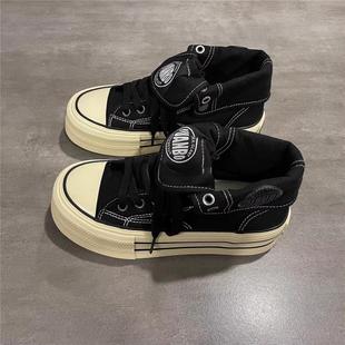 高帮厚底帆布鞋女2025新款春季百搭学生复古增高小众设计休闲板鞋