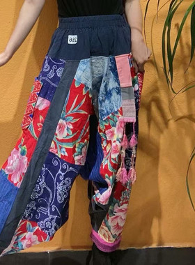 民族风手工老布拼接老花布老绣拉裆裤
