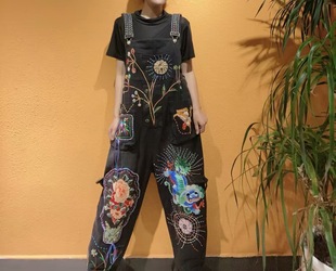 牛仔背带裤 民族风手工老绣时尚 个性