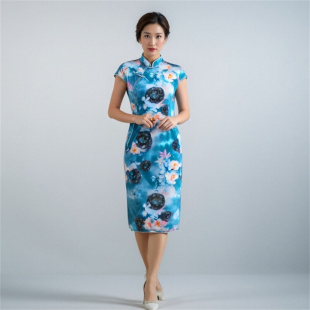 江南姿M2026夏季 3XL 植物真丝中长立领国风旗袍蓝花尾货 捡漏S