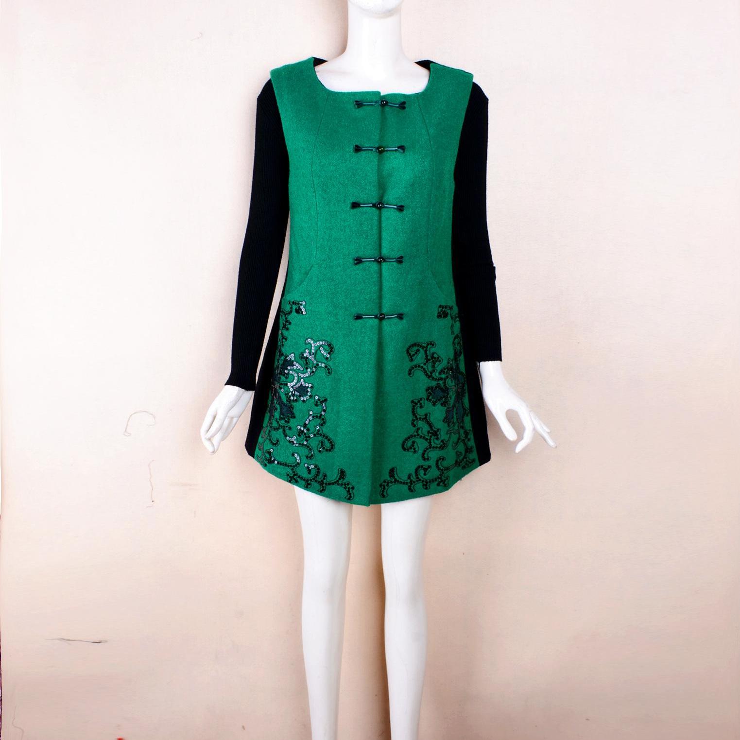 金帛锦中长款拼色刺绣羊毛马甲