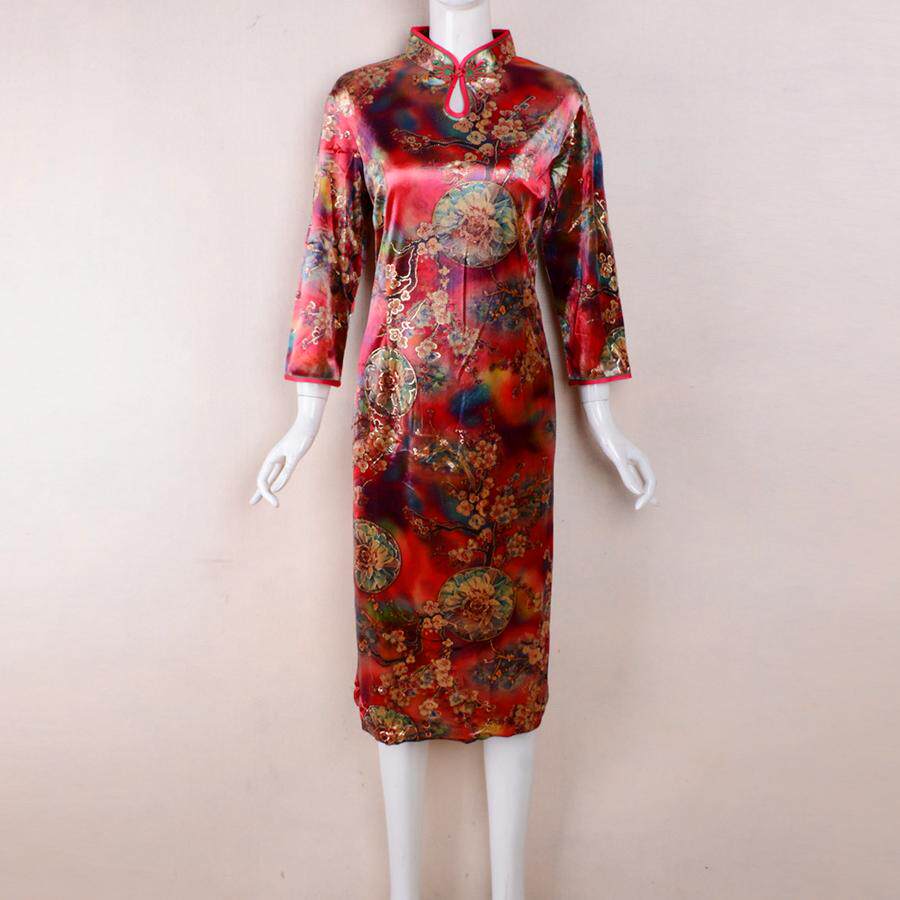 （捡漏4XL)2026秋季女装金丝绒七分袖国风大码旗袍连衣裙花色尾货