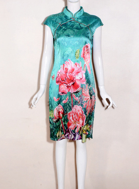 （捡漏L）素罗Y2025真丝桑蚕丝古典立领旗袍绿色大牌清仓折扣尾货