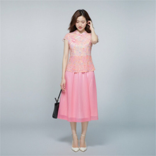 楠楠2025夏季 4XL 旗袍假两件套连衣裙收身显瘦粉色尾货 短袖