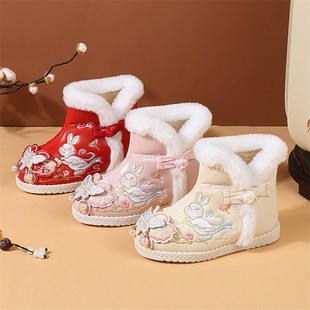 女童绣花鞋加绒棉鞋儿童汉服鞋中国风儿童雪地靴防水古装棉鞋子潮