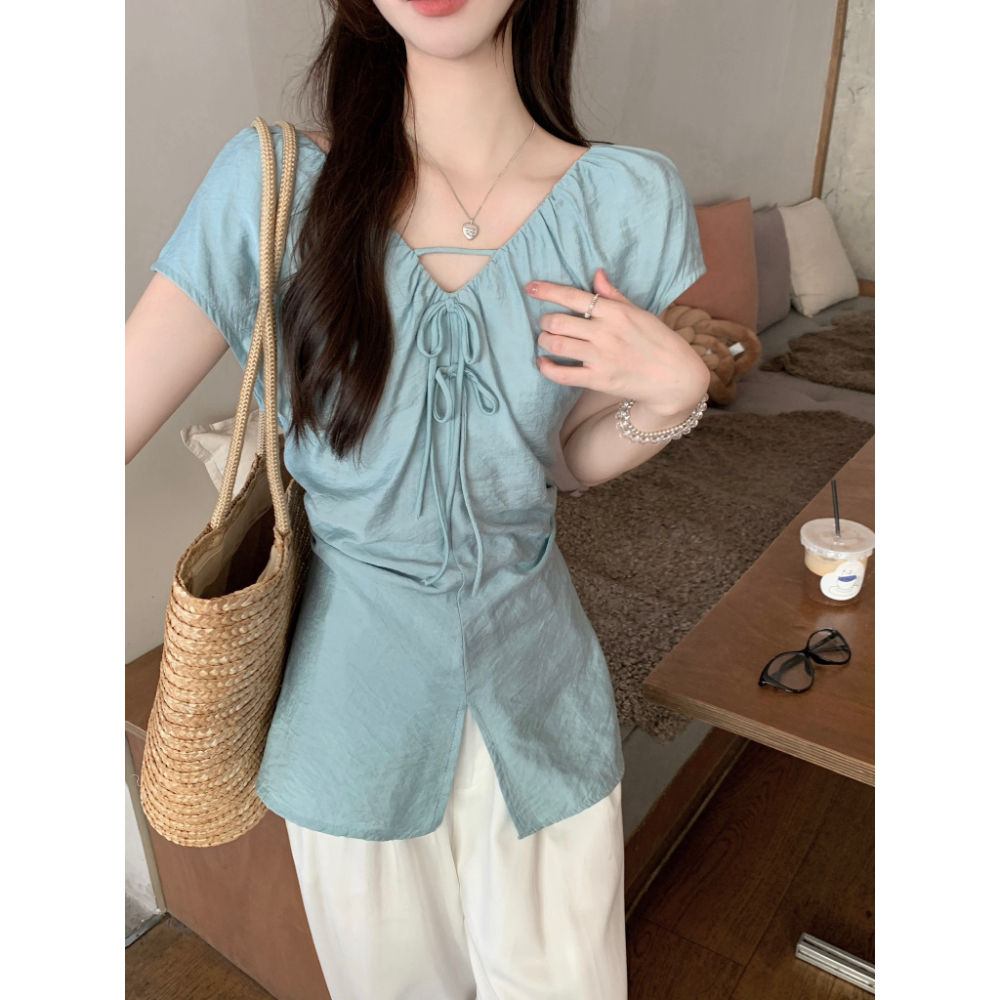 实拍实价！韩版蝴蝶结系带V领衬衫女百搭褶皱设计感收腰显瘦上衣