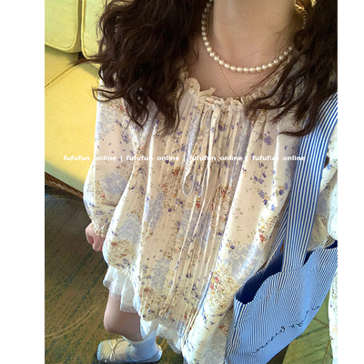 fufufun原创清新少女蓝碎花上衣