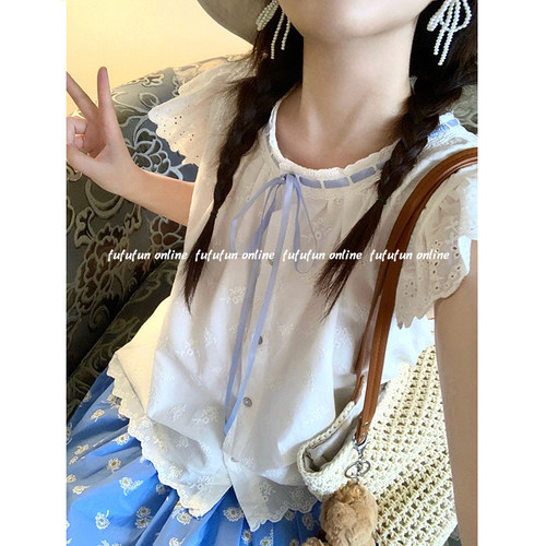 fufufun「芭蕾少女」日系BABY蓝系带精致绣花小飞袖衬衣