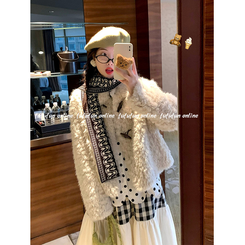 fufufun「中古市集」日系温柔奶茶翻领皮毛一体外套保暖环保皮草,女装/女士精品,短外套,淘宝优惠券,粉丝福利购,淘宝优惠卷