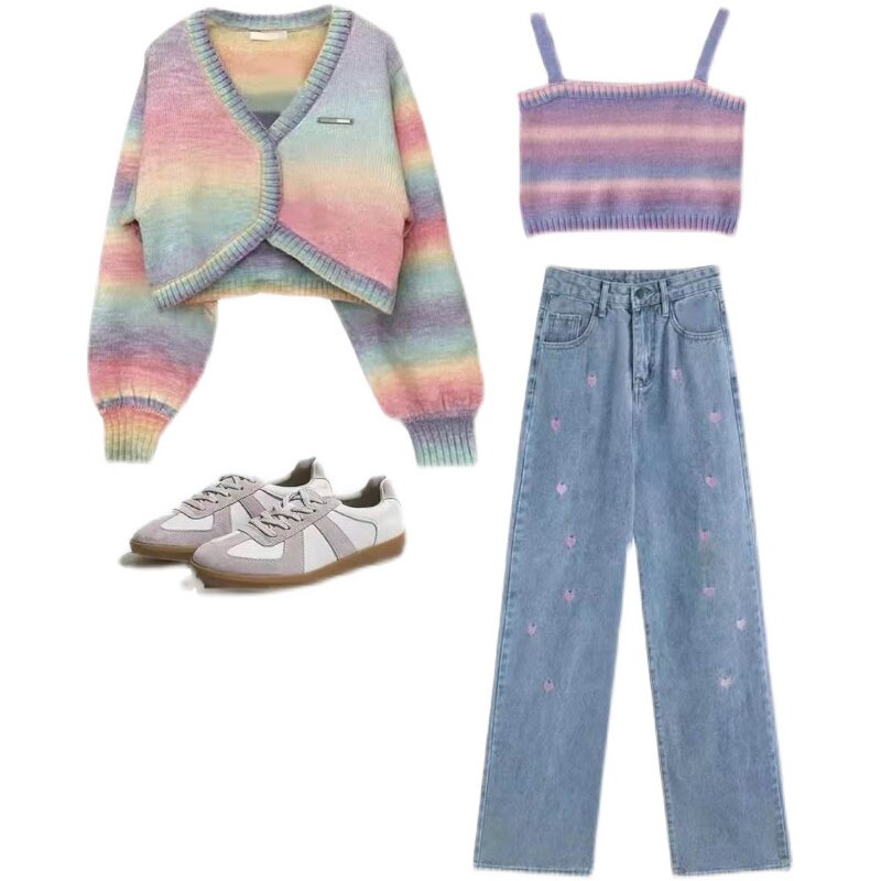 RAINBOW COLOR GENTLE SWEET SWEATER SMALL CARDIGAN JACKET WOMENS EARLY SPRING SHORT VEST KNIT SWEATER JEANS TWO-PIECE SET
