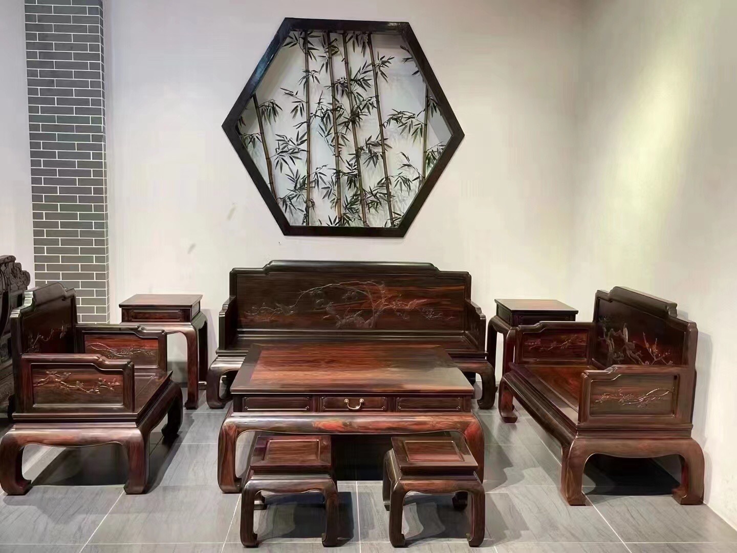 老挝大红酸枝喜上眉梢交趾黄檀8件沙发组合交趾黄檀客厅茶几沙发