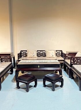 非洲小叶紫檀曲尺沙发8件套赞比亚血檀客厅沙发红木沙发厂价直销