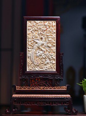 猛犸象牙手工雕像室内玄关家居文玩摆件收藏品松竹梅雕花鸟九龙壁