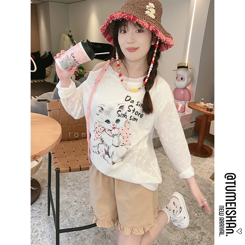 兔美善韩国代购女装25夏季 性感露肩抽带领可爱猫猫防晒T恤