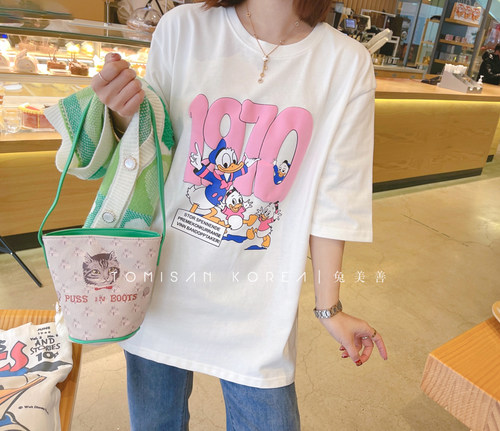 兔美善韩国代购女装 春季新品 甜美粉数字唐老鸭宝宝卡通T恤 特 - 封面