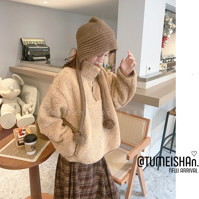 兔美善韩国代购女装25秋 奶咖羊羔毛半开襟宽松百搭插袋卫衣外套