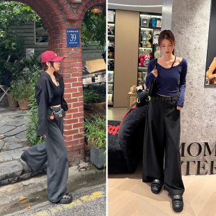 兔美善韩国代购女装 冬 简约高级纯色阔腿通勤宽松凹造型西装裤