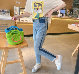 兔美善韩国代购女装 夏季新 拼色裤线毛毛边裤脚个性牛仔裤