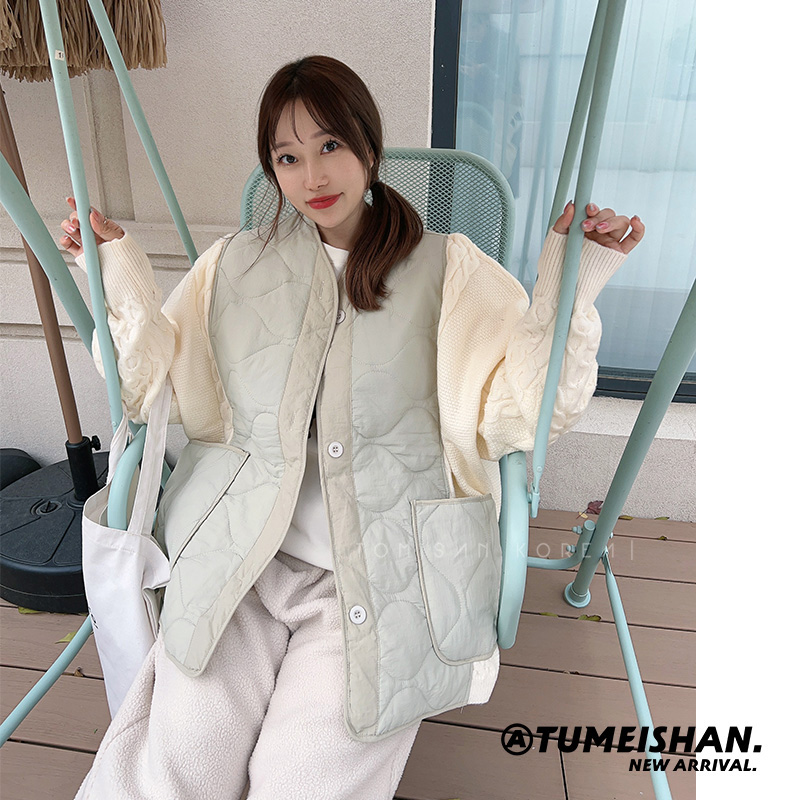 兔美善韩国代购女装24秋冬新 个性拼接针织麻花袖大口袋棉服外套