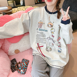 兔美善韩国代购女装 秋冬新 洋气蝴蝶结可爱kitty猫宽松印花T恤