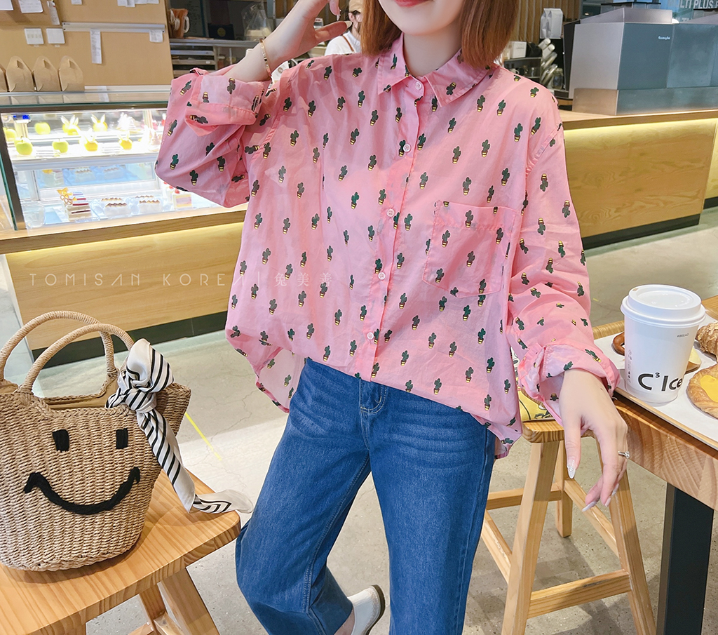 兔美善韩国代购女装 春季 韩系减龄粉绿撞色仙人掌长袖防晒衬衫