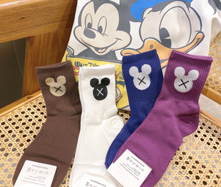 兔美善韩国代购女装 春 洋气X米奇头亮晶晶减龄百搭中筒棉袜 特