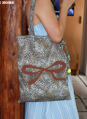 韩系慵懒风水洗帆布包豹纹托特包挂饰大蝴蝶结单肩包包女夏大容量
