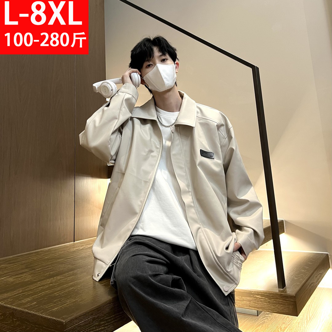 美式翻领夹克宽松廓形外套秋季大码男士机车风PU皮设计感翻领外套