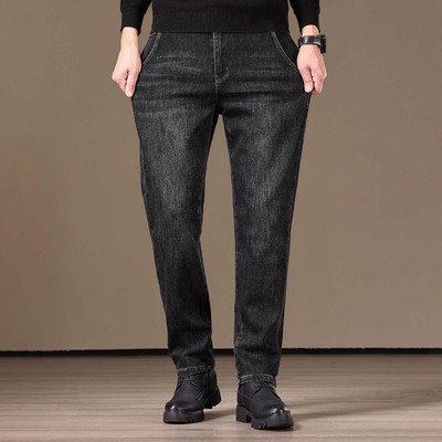 胖哥秋冬新款大码宽松直筒牛仔裤男弹力舒适商务黑色蓝色牛仔裤男