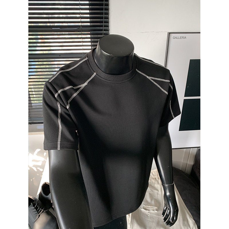 垫肩明线解构重磅大码短袖t恤男夏季美式潮牌boxy感五分半袖衫夏