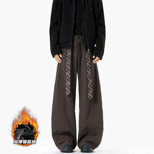 胖哥老钱风复古加绒格纹腰带弯刀西裤秋季高级遮肉加厚阔腿休闲裤