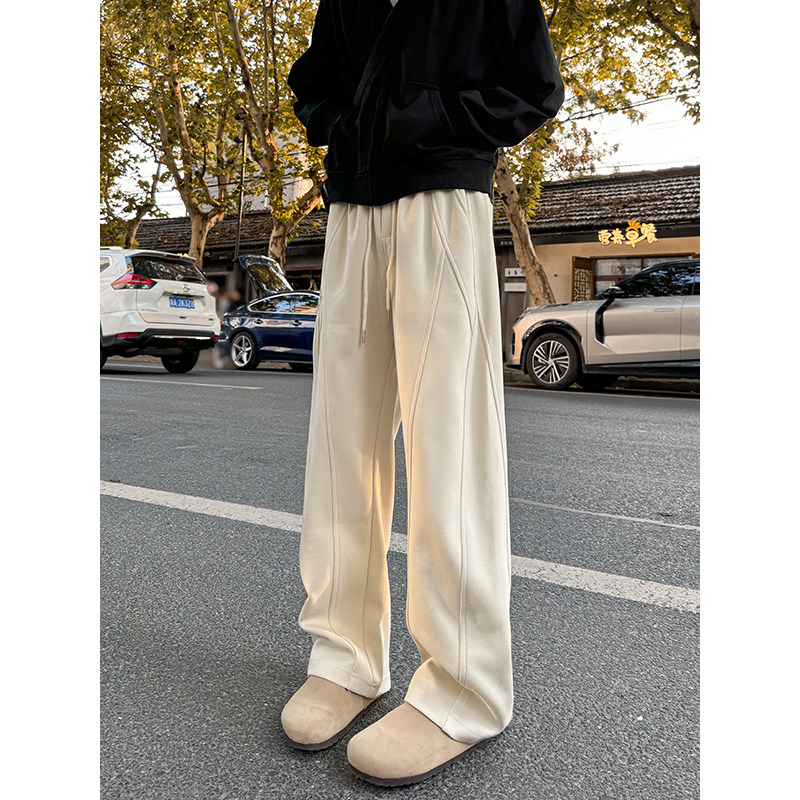 大码卫裤纯色重磅宽松阔腿弯刀裤多线条拼接结构设计显瘦休闲长裤