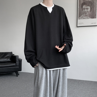 2025胖哥华夫格叠穿假两件长袖T恤大码慵懒V领内搭加肥加大打底衫