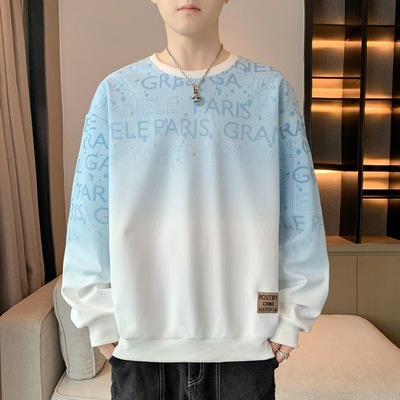 大码男装渐变色卫衣男款长袖潮流春秋季宽松加肥加大圆领长袖上衣