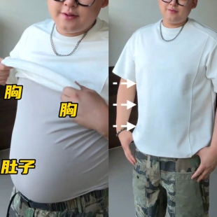 男装 空气棉百搭简约小领口t恤正肩解构拼接半袖 复古重磅大码 美式