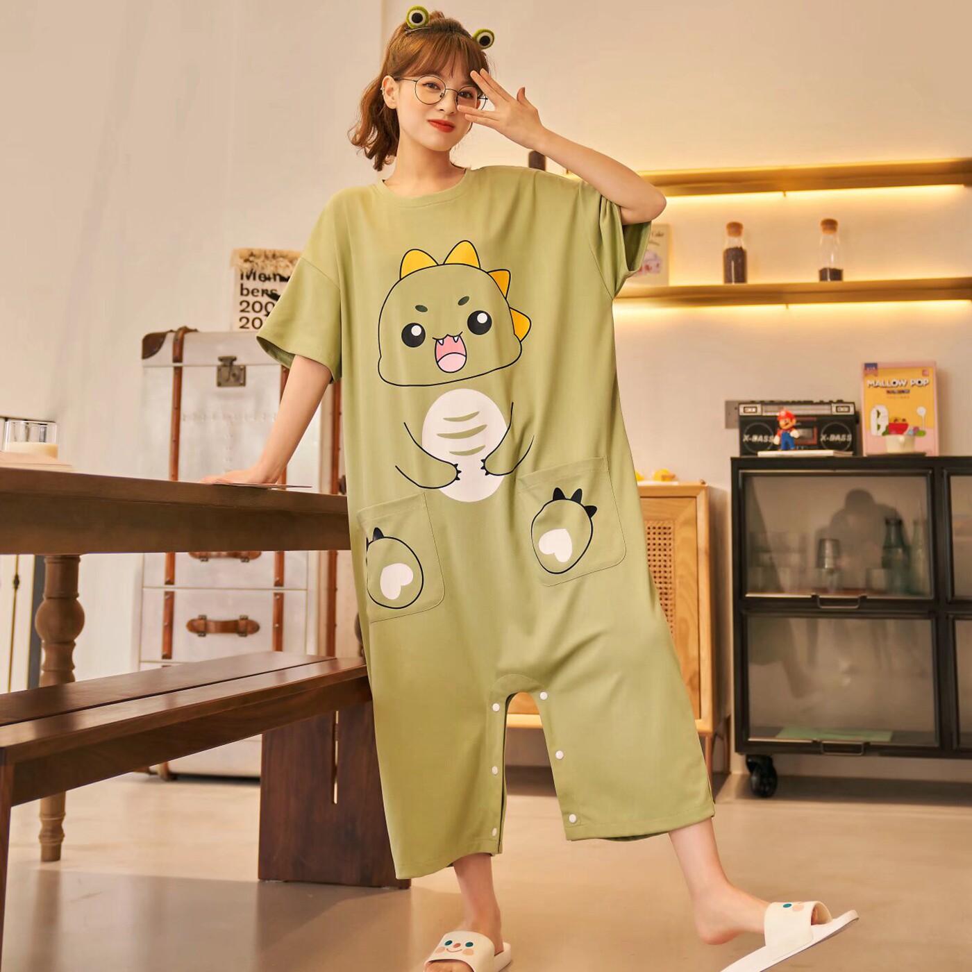 夏季纯棉短袖连体男女睡衣卡通加大码200斤睡衣裙裤家居服可外穿