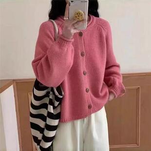 【卷边袖子】温柔风别致木扣针织开衫春秋新款宽松小个子毛衣外套