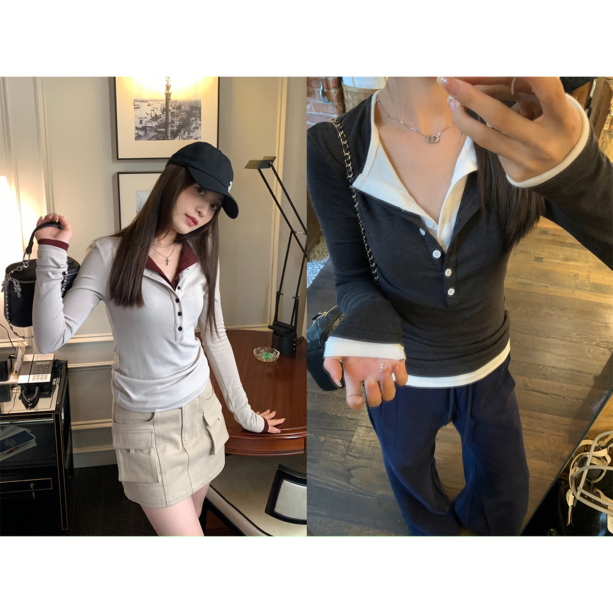 sieyiu撞色假两件长袖针织衫女秋季新款美式复古叠穿弹力修身上衣