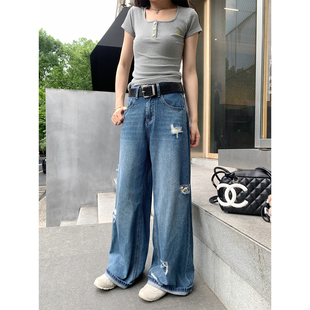 宽松显瘦垂感休闲拖地长裤 sieyiu 女夏季 破洞阔腿牛仔裤 蓝调时刻