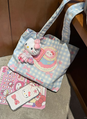 韩系小众Hellokitty格纹手提包包女2025新款帆布托特包通勤单肩包