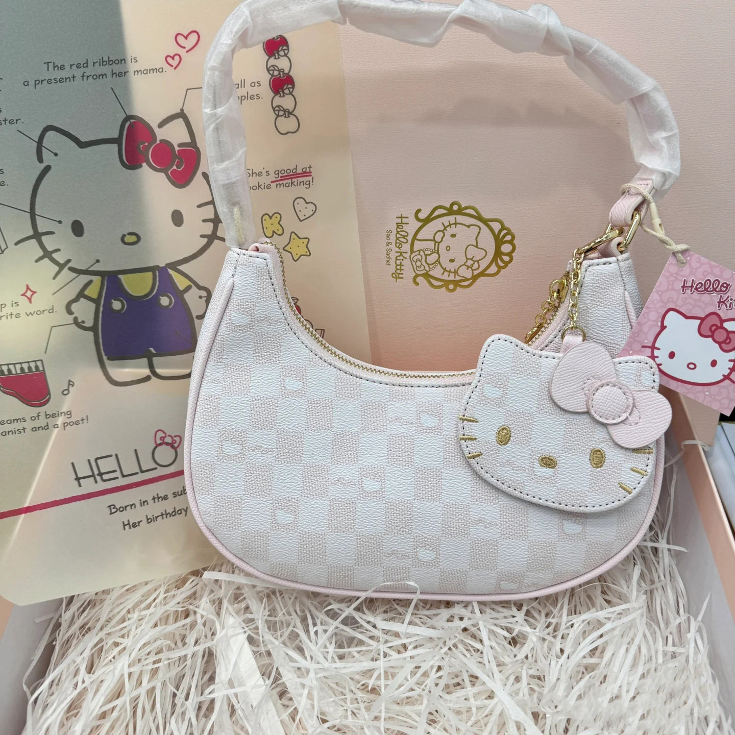 甜美可爱月牙小众设计腋下包hellokitty凯蒂猫粉棋盘格单肩手提包