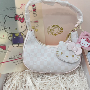 甜美可爱月牙小众设计腋下包hellokitty凯蒂猫粉棋盘格单肩手提包