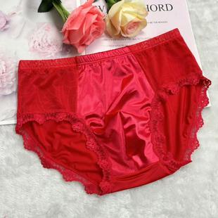 新款男式光滑亮面纯色性感爽滑缎面裤衩男士日常蕾丝花边三角内裤