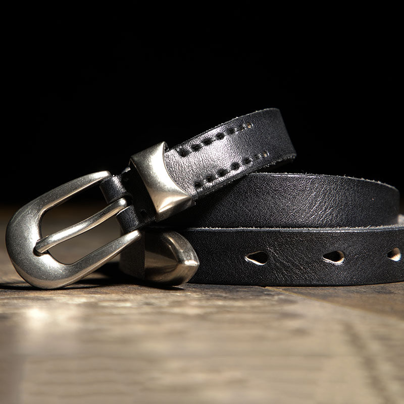 皮轩阁法式加长打结复古水洗做旧自然纹头层牛皮腰带银扣百搭皮带