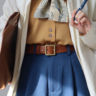 皮带女牛仔裤 ins风复古头层牛皮皮带夏潮 百搭方头铜扣纯牛皮手工