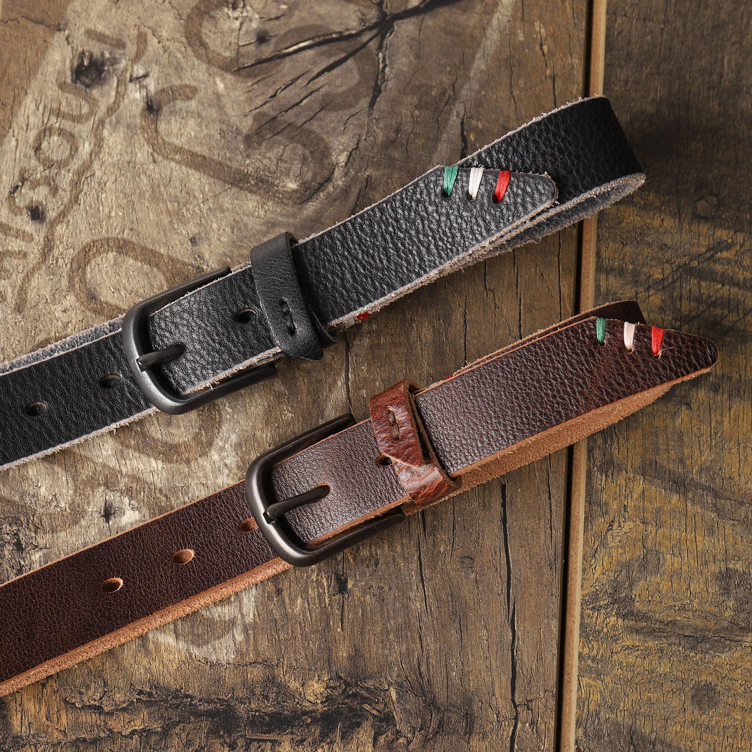 手工皮头层纯牛皮黑色针扣皮带复古软真皮西裤牛仔百搭男士细皮带