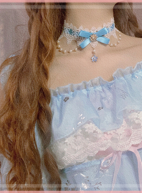 原创手作蓝色花嫁蕾丝百搭项链