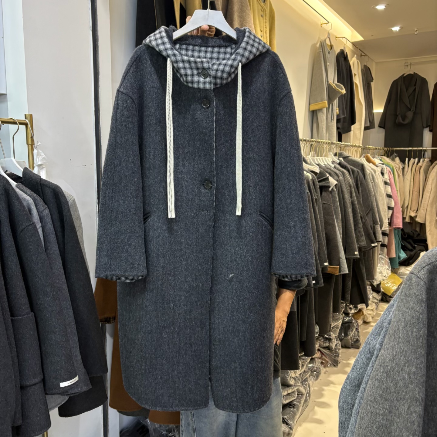 韩版宽松连帽长款羊毛大衣