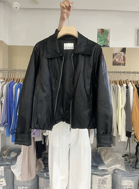 韩国LEVAR 黑蓝两色翻领拉链显瘦皮衣夹克外套女2025秋款皮夹克潮