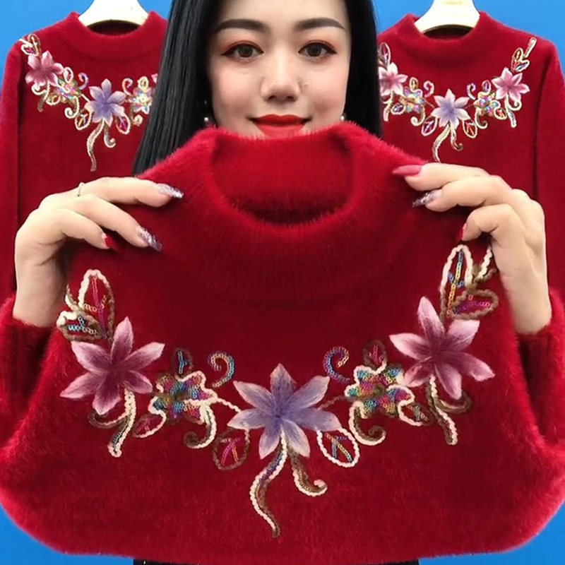 妈妈毛衣冬季加厚洋气保暖上衣中老年女秋冬宽松水貂绒内搭打底衫